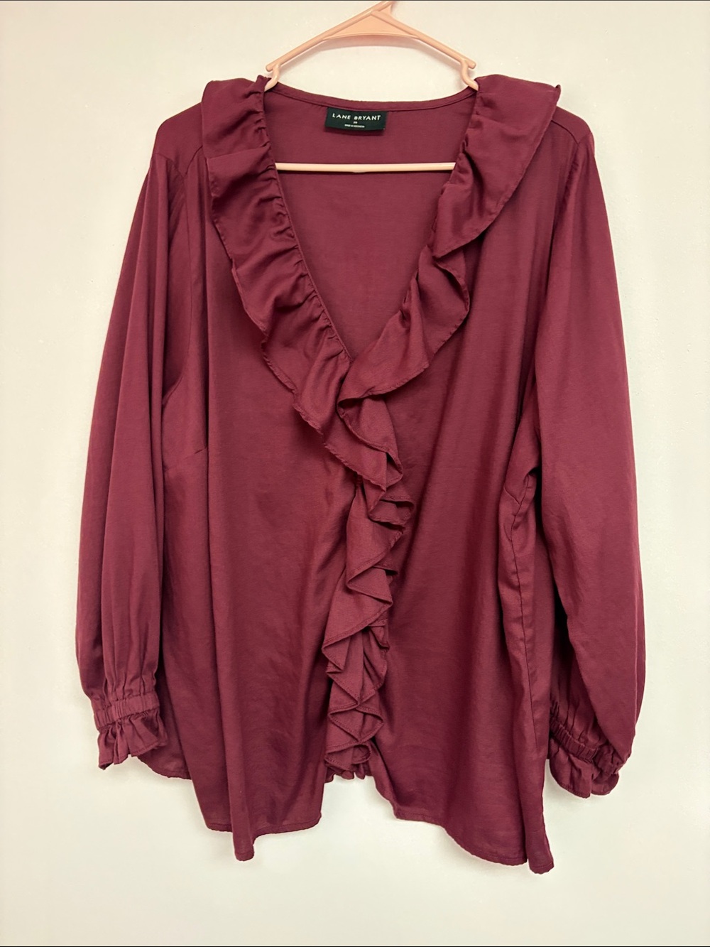 Lane Bryant Size 20 Burgundy Ruffle Front Blouse Long Sleeve Romantic Top